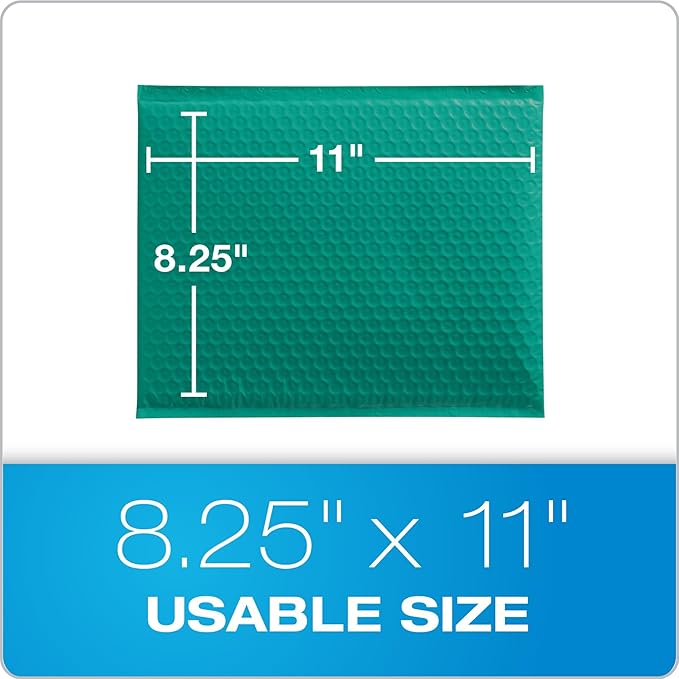 Quality Park Bubble Mailers, 8.25 x 11, Turquoise Poly Mailers, Padded Envelopes, Shipping Bags, Water Resistant, Self Seal, 25 Per Box (QUA85914)