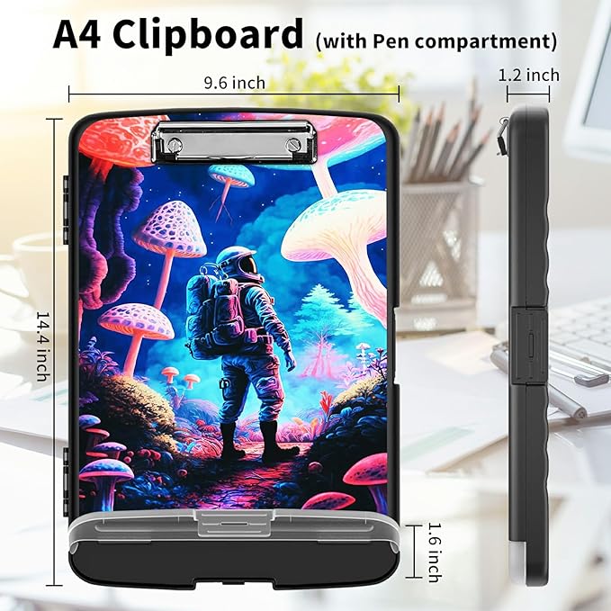 Clipboard with Storage High Capacity Plastic Nursing Clipboards with Pen Holder File Folder Storage Box Clipboard with Heavy Duty Clips for Teacher,Doctor,Offices-Astronaut Under Mushroom