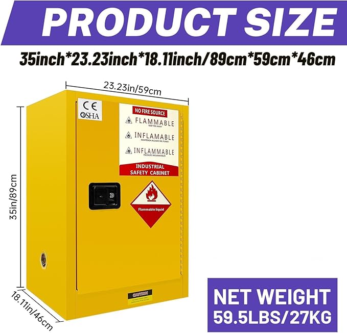 36 Gallon Yellow Flammable Storage Cabinet, Fireproof Steel Chemical Storage Locker with Adjustable Shelves, for Flammable Liquids, Industrial Use, Free Returns!