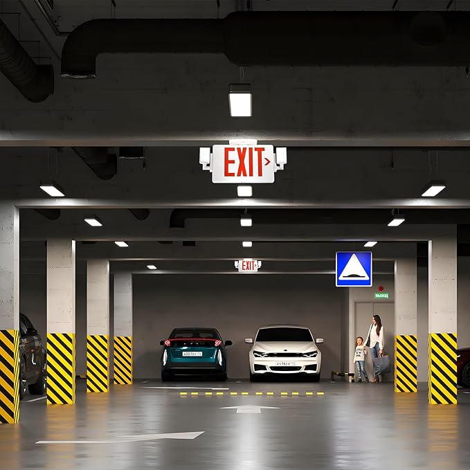 Gruenlich LED Combo Exit Sign, Emergency Light with 2 Adjustable Heads and Double Face, Back Up Batteries- US Standard Red Letter EXIT, UL 924 Qualified, 120-277 Voltage, 2-Pack