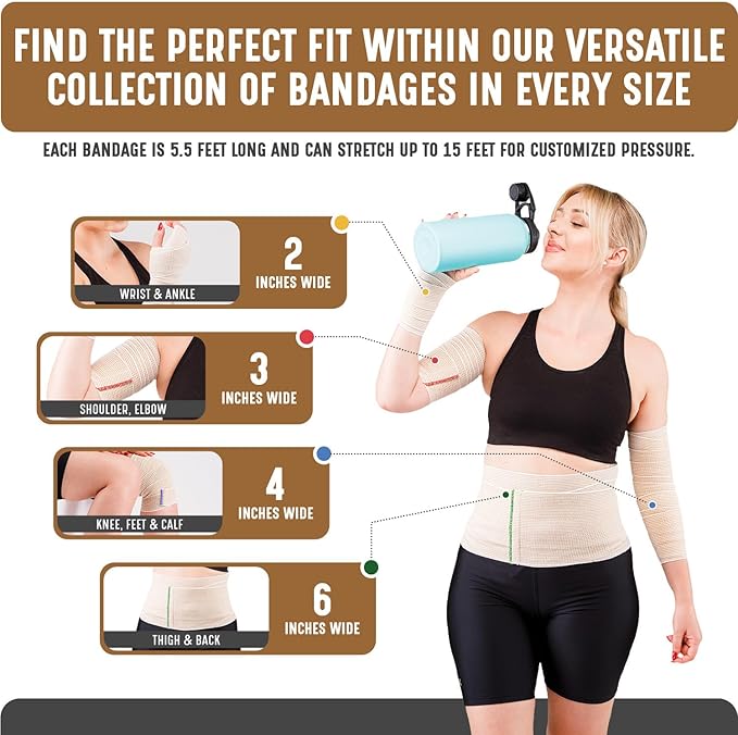 Premium Elastic Bandage Wrap (3” Wide, 6 Pack) - Nexskin Latex Free Athletic/Medical Compression Bandages Hook & Loop Fasteners at Both Ends - Lifetime Washable & Reusable Bandages