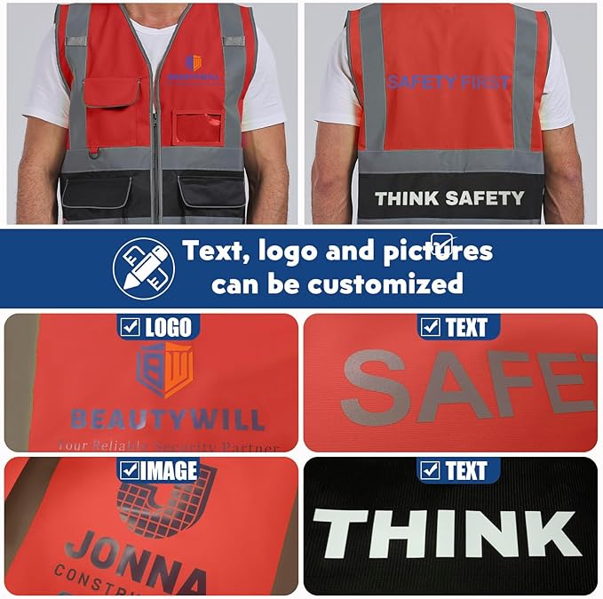 BeautyWill 10/20 Pack Custom Logo Safety Vest,Bulk High Visibility Class 2 Reflective Work Vests