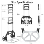 Folding Hand Truck - Aluminum Portable Dolly Cart with Telescopic Handle, Bungee Cord - Compact Lightweight Foldable Luggage Cart for Moving, Home, Auto, 180lbs, Black