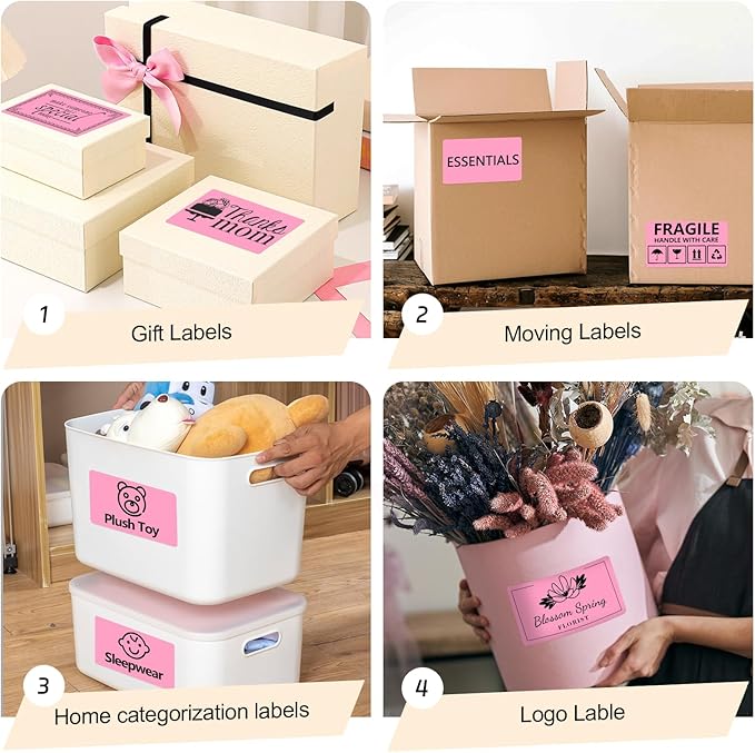 3x5 Inch Thermal Label Stickers,300Pcs Waterproof Rectangle Labels for Storage Bins,Moving Boxes,Address & Inventory Organization,Small Business Labeling,Pink