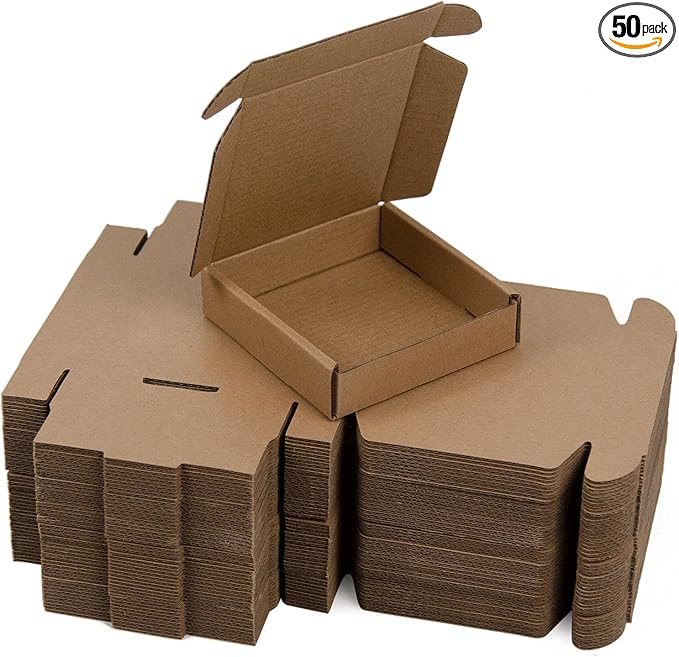 50 Pack 4x4x1 Inches Small Shipping Boxes, Brown Corrugated Cardboard Boxes, Moving Mailing Packing Box