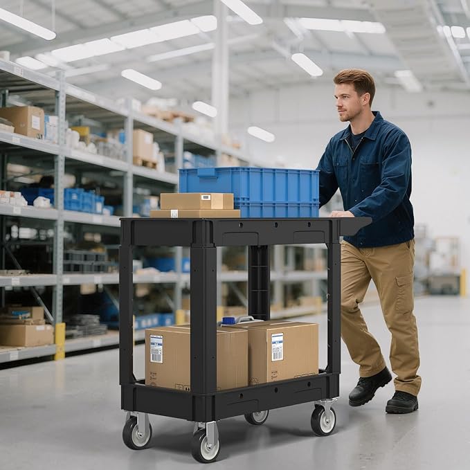 550LBS Utility Cart, 2-Tier 40x17 Inch Utility Cart with Wheels,Heavy Duty Service Cart-Lipped Shelves,Ergonomic Storage Handle and Swivel Wheels for Warehouse, Garage, Cleaning,Black