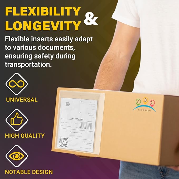 ABC Packing List Envelopes, 9.5 x 12 Inch. 100 Pack 2 Mil Polyethylene Clear Self Adhesive Shipping Label Sleeves. Plastic Shipping Label Pouches for Invoice and Efficient Order Management