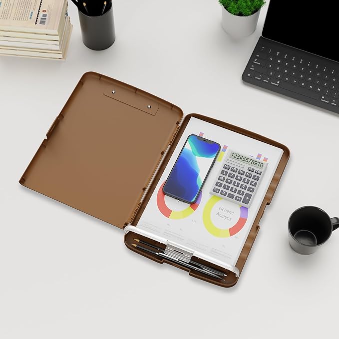 Plastic Clipboard with Storage, 8.5 x 11 Storage Organization Box Side-Opening, Heavy Duty Clip Board with Pen Holder and Paper Folder for Nurses, Teachers, Office & School Supply, Brown
