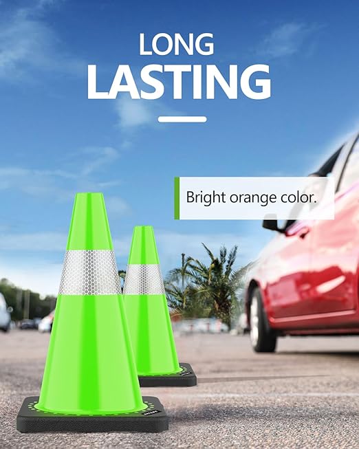 (4 Pack) BATTIFE Traffic Cones 18 Inch with Black Weighted Base, PVC Green Cone for Traffic Control,Construction Events, Driveway Road Parking Lot