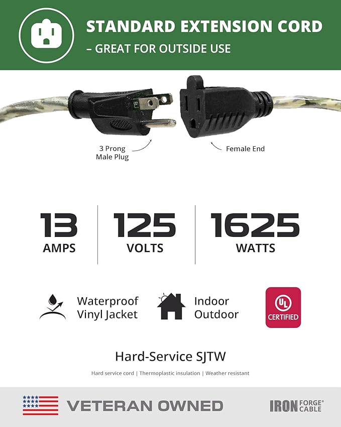 Iron Forge Cable Camo Outdoor Extension Cord 25 ft, 16/3 SJTW 25 Foot Camoflauge Exterior Extension Cord 3 Prong, Weatherproof Heavy Duty Power Cable for Outside, Deck, Landscaping, Lawn & Hunting