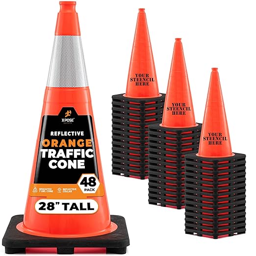 Xpose Safety 28 Inch Orange Traffic Cones with 6" Collar - 48 Pack Multipurpose PVC Plastic Safety Cone for Parking, Soccer, Caution, Kids and Construction - DOT Approved
