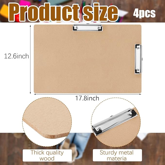 Henoyso 4 Pcs 11x17 Clipboard Wooden Lap Board with Low Profile Clip Brown Double Landscape Clip Hardboard Drawing Board Landscape Horizontal Large Clipboard for Desk Paper Sketching Art Supplies