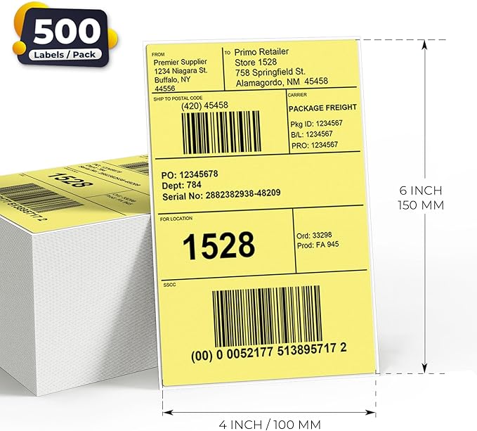 Yellow Direct Thermal Labels 4 × 6 Inch Vinyl Self-Adhesive Fanfold Shipping Stickers Waterproof Perforated Printer Decal for Office School Warehouse 500 PCS