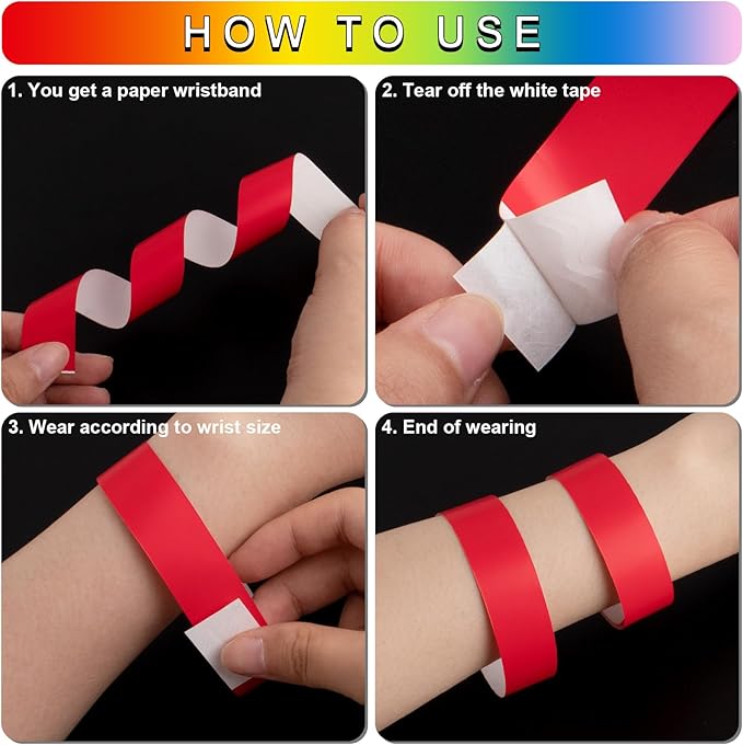 1200 Pcs Plastic Paper Wristbands for Events Neon Color Wrist Bands Concert Identification Wristbands Paper Bracelets Wristbands Party Hand Bands (Red)