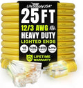 25ft Outdoor/Indoor Extension Cord 3-Outlet 12/3 Gauge Extra Heavy Duty ETL Listed, 3 Prong SJTW, Waterproof, Flexible Cold-Resistant Long Power Cord,15A 125V 1875W, Yellow by LifeSupplyUSA