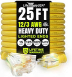 25ft Outdoor/Indoor Extension Cord 3-Outlet 12/3 Gauge Extra Heavy Duty ETL Listed, 3 Prong SJTW, Waterproof, Flexible Cold-Resistant Long Power Cord,15A 125V 1875W, Yellow by LifeSupplyUSA