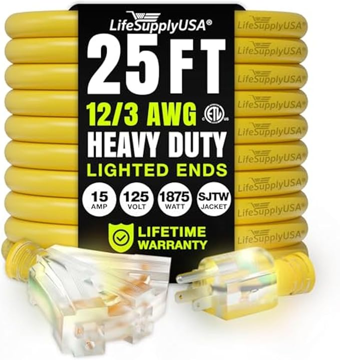 25ft Outdoor/Indoor Extension Cord 3-Outlet 12/3 Gauge Extra Heavy Duty ETL Listed, 3 Prong SJTW, Waterproof, Flexible Cold-Resistant Long Power Cord,15A 125V 1875W, Yellow by LifeSupplyUSA