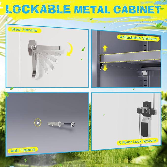 Pataku Metal Storage Cabinet, 72" Garage Cabinet with Doors and Shelves Lockable Steel Multifunctional Cabinets, File Cabinets for Home, Office, Garage, Warehouse(White Grey)