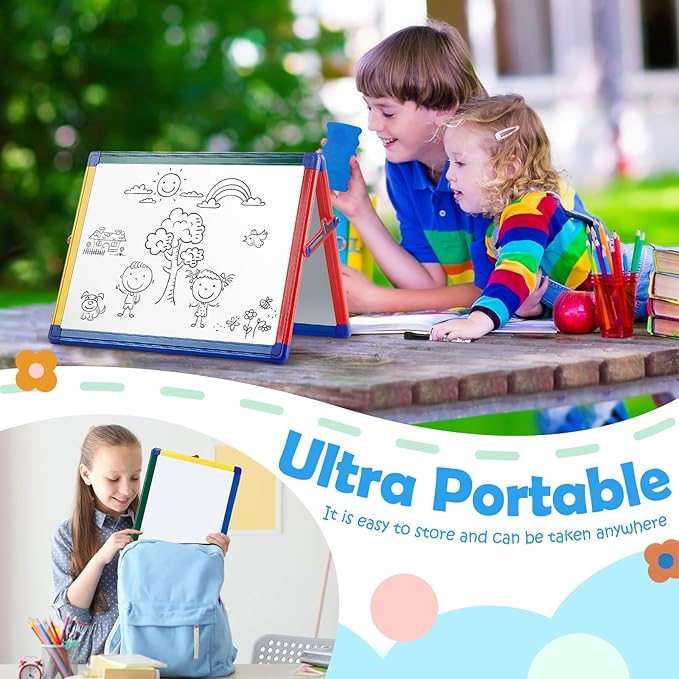 SWANCROWN Portable Dry Erase White Board for Kids, 16x12 inch Toddler Boy Girl Toys Magnetic Table top Whiteboard Small Double Sided Art Easel with 82Pcs Letter Magnets Magnetic Foldable Board