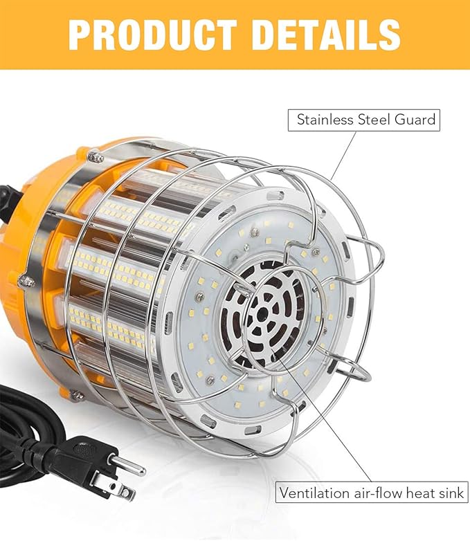 LED Temporary Work Light 100W LED Construction Lights 12,000lm 5000K Daylight Stainless Steel Guard Portable Hanging Work Lighting Workshop Jobsite Light Outdoor