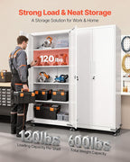 VEVOR Metal Storage Cabinet, 72.6 in Rolling Steel Garage Cabinet with 4 Adjustable Shelves, 2 Magnetic Doors & 2 Keys, 5 Tiers Lockable Tool Storage for Pantry, Warehouse, Basement, Office, White