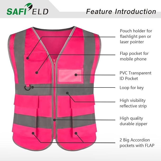 Safety Reflective Work Vest 6 Pack for Men and Women with 8 Pockets and Zipper High Visibility Construction Outerwear
