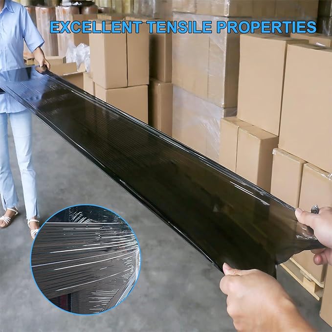 Black Pallet Wrap Stretch Film: 4 Pack Moving Wrapping Plastic Roll with 2 Handles, 18" Strength up to 800%, 80 Gauge Thick Shrink Wrap Roll for Pallet Packaging, Transportation, Stability, Protection
