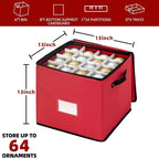 inin Christmas Ornament Storage Box with Adjustable Dividers,Christmas Ornaments Organizer with Zippered Top,Storage Container Bin for Holiday Decorations(64 Ball, Red, with Tray)