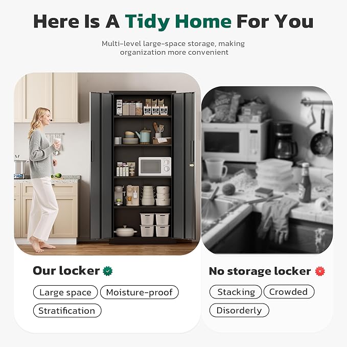 Greenvelly Metal Storage Cabinet, 63" H Locking Metal Storage Cabinet with Doors and 4 Shelves, Lockable Steel Cabinets for Kitchen, Bedroom, Living Room, Office (Black)