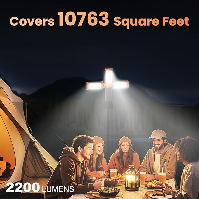 CAVN Rechargeable Camping Lights with Stand 6.5 ft Max Height, Portable Cordless LED Work Light 2200 Lumens 6500/4500/3500K Dimmable Camping Essentials Gear with Detachable Tripod, Orange