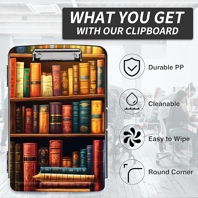 File Clipboard Storage with Pen Holder High Capacity Plastic Nursing Clipboards File Folder Storage Box Clipboard with Heavy Duty Clips for Teacher,Doctor,Offices-Vintage Bookshelf