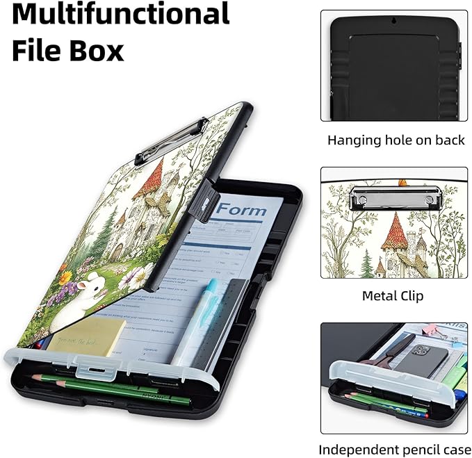 Clipboard with Storage Box & Pen Holder,Heavy Duty Clip Boards 8.5x11 for Nursing,High Capacity,School & Office Supplies,Enchanted Castle