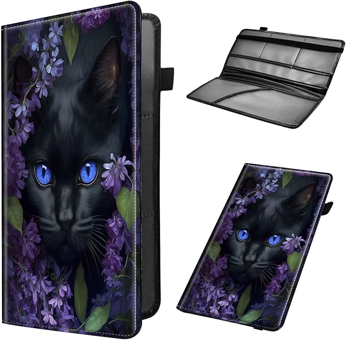 Car Registration and Insurance Holder, Leather Car Glove Box Organizer, Cool Car Accessories for ID, Driver's License Cards & Essential Document, business cards, Men&Women,Cute Black Cat Flower
