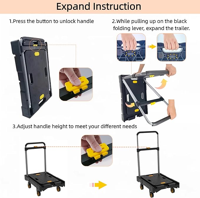 Platform Truck Folding Hand Truck 330 LB Heavy Duty Utility Dolly Flatbed Luggage Push Cart Fully Folded Compact Cart, Portable Trolley with 1 Elastic Ropes, Easy Storage & Lightweight for Moving