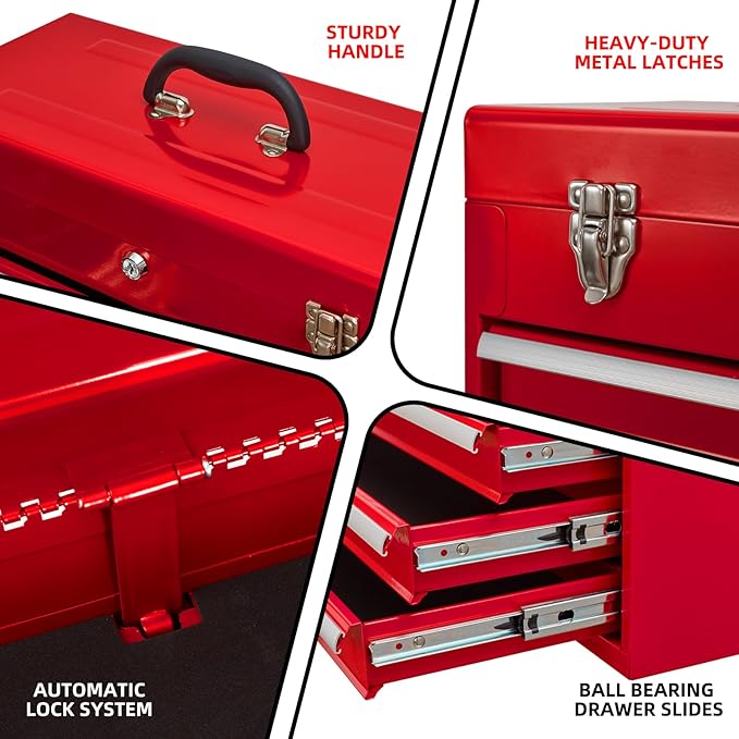 4 Drawers Metal Tool Box Portable Steel Tool Chest with Metal Latch Closure & Key Lock, 20" Powder Coating Top Storage Tray Toolbox with Handle, Suitable for Repair Shop & Garage (Red)