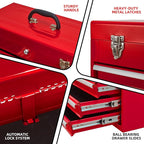4 Drawers Metal Tool Box Portable Steel Tool Chest with Metal Latch Closure & Key Lock, 20" Powder Coating Top Storage Tray Toolbox with Handle, Suitable for Repair Shop & Garage (Red)