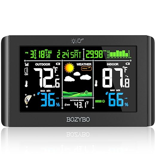 Weather Station Wireless Indoor Outdoor Thermometer: Digital Weather Thermometer with Atomic Clock Temperature Humidity Monitor with Calendar Adjustable Backlight