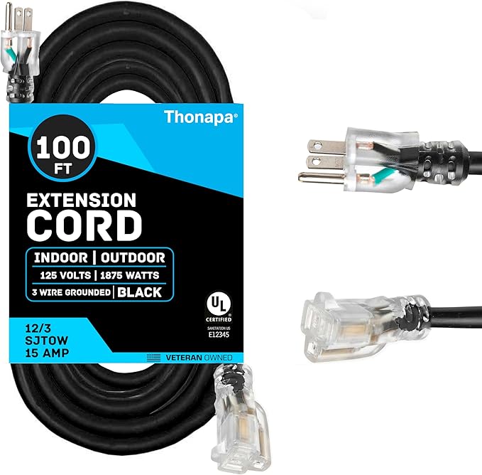 12/3 Black Oil Resistant Extension Cord 100 ft, SJTOW 12 Gauge Heavy Duty Extension Cord with 3 Prong, Black Electrical Cable Great for Farm, Ranch, Workshop - 15 AMP, US Veteran Owned Brand