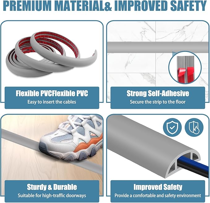 Floor Cord Covers for Wires 20FT Cable Hider Wire Cover Self Adhesive Cord Hider Floor for Offices, Homes, Workshops, Warehouses Cable Cavity 0.39" W x 0.27" H