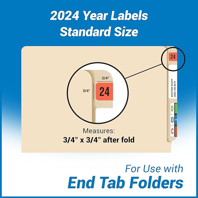 2024 Year Labels, Doctor Stuff 2024 Chart Stickers, Fluorescent Red Color Coded, USA Made Year Stickers for End Tab File Folders, 500 Labels per Roll, 1 Roll, 3/4" x 1-1/2"