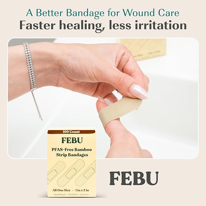 FEBU Bamboo Fabric Bandages | PFAS Free Flexible Fabric Bandages | Latex Free Bandage | Natural Hypoallergenic Bandage for Scrapes, Cuts & First Aid | 1in x 3in | 100 Count Pack