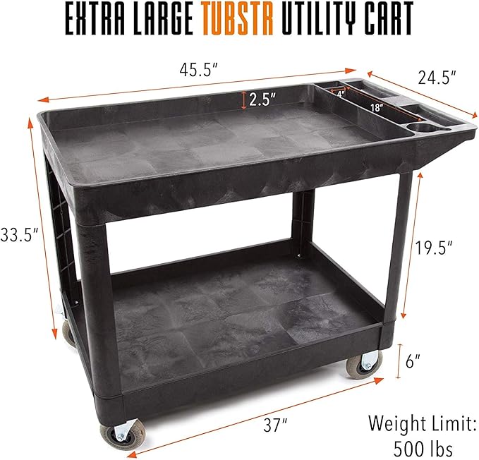 Stand Steady Original Tubstr XL Outdoor Cart with Heavy Duty Wheels - Two Shelf Utility Cart Supports up to 500 lbs, Tub Carts with Deep Shelves and Shock Absorbent Wheels (Black, 45.5in x 24.5in)