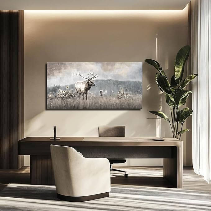 ZHENGYIN Large Bull Elk Wall Art, Deer Wildlife Canvas Print, Rustic Modern Farmhouse Wall Decor for Living Room Office, Above Sofa, 24x48 Inch
