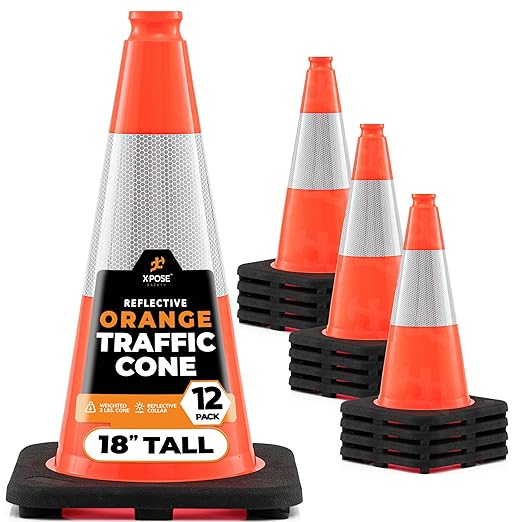 Xpose Safety 18 Inch Orange Traffic Cones with 6" Collar - 12 Pack Multipurpose PVC Plastic Safety Cone for Parking, Soccer, Caution, Kids and Construction - DOT Approved