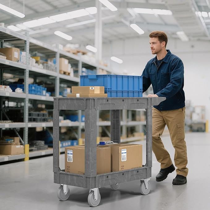 550LBS Utility Cart, 2-Tier 40 * 17 Inch Utility Cart with Wheels,Heavy Duty Service Cart-Lipped Shelves,Ergonomic Storage Handle and Swivel Wheels for Warehouse, Garage, Cleaning,Gray