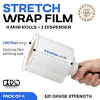 IDL Packaging 5" Stretch Wrap Mini Roll, 700 feet, 120 Gauge (Pack of 4) with a Plastic Handle Included – Industrial Grade Clear Plastic Wrap – Improved Protection for Packing, Moving, or Office