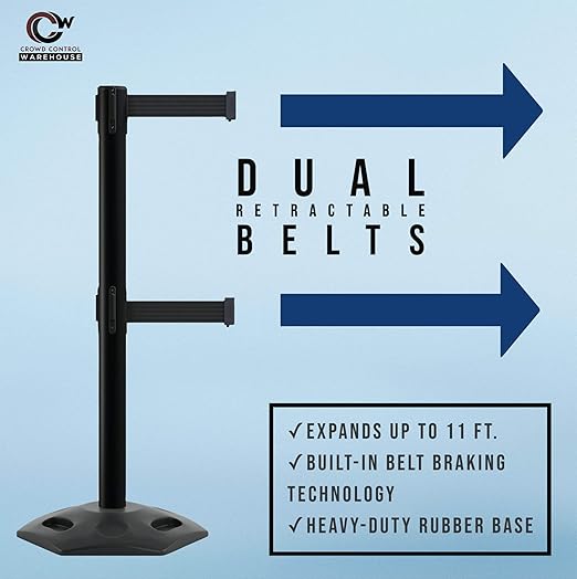 Crowd Control Warehouse CCW Set of 2 Retractable Dual Belt Stanchion Safety Barrier, Heavy-Duty Rubber Base Yellow Post, WBB-200D (11 Foot Belt, Yellow Belt)