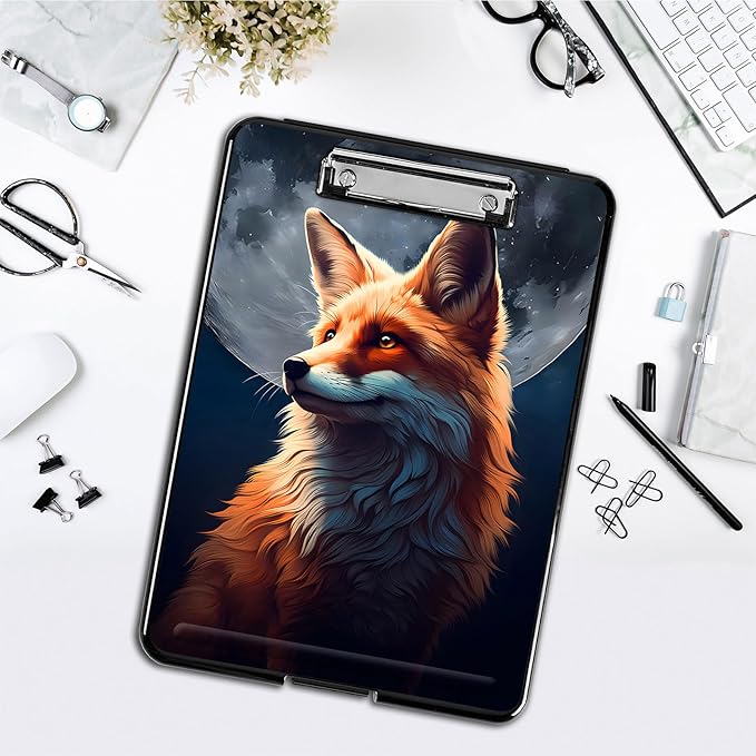 Clipboard with Storage,Office Supplies Nursing Clipboards Folder with Pen Holder Plastic Foldable Clip Board with Storage for Nurse Teacher,Fox and Moon
