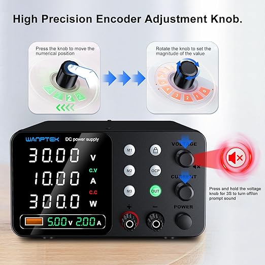 DC Power Supply Variable, 30V 10A Adjustable Switching Regulated Bench Power Supplies with Memory Preset/Locking Key/OCP Protection/Output/USB Fast Charging /4-Digit LED Display