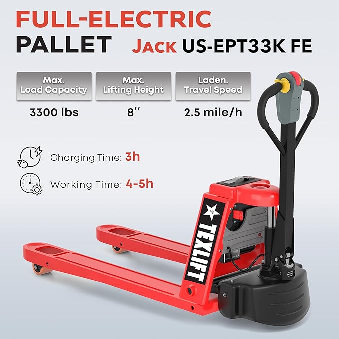 Full Electric Power Pallet Jack – Standard Duty Pallet Truck 3300 Lb Capacity, 48” L x 27” W Fork Size, Plug-in 48V/15A Lithium Battery – Max Lift Height 7.8 Inch - (US-EPT33K-FE)
